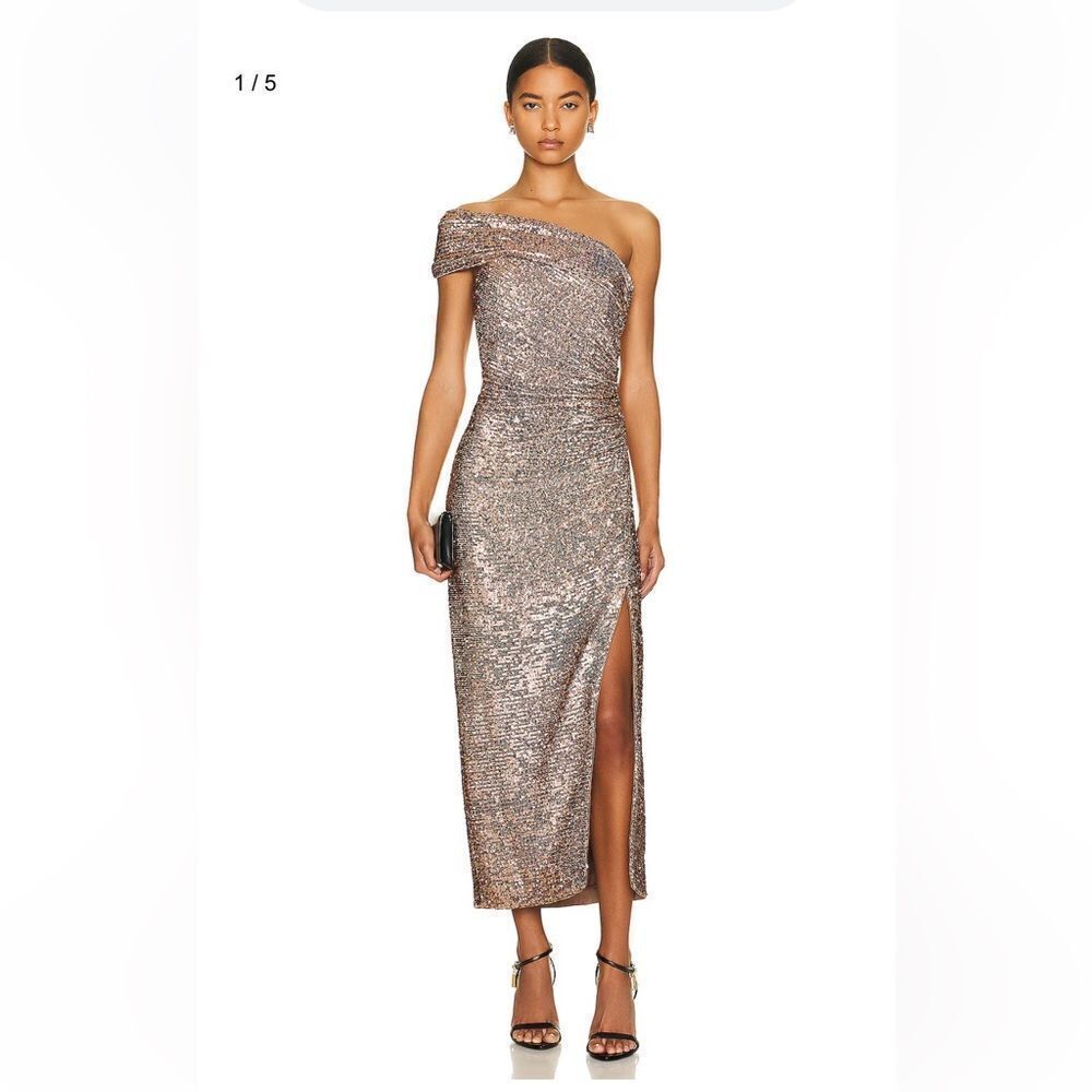 Jonathan Simkhai Zay Hammered Sequin Draped Bustier Midi Dress silver party FWRD